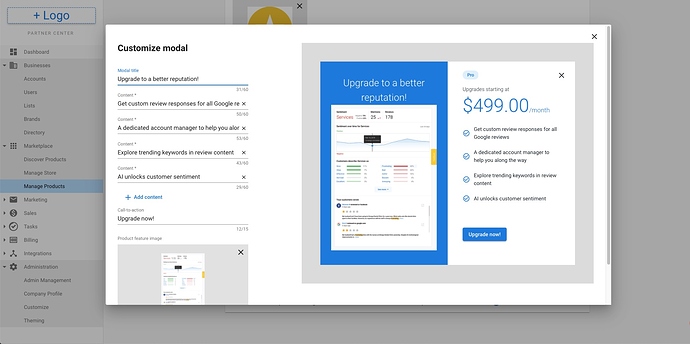 Customize the content in the upgrade modal